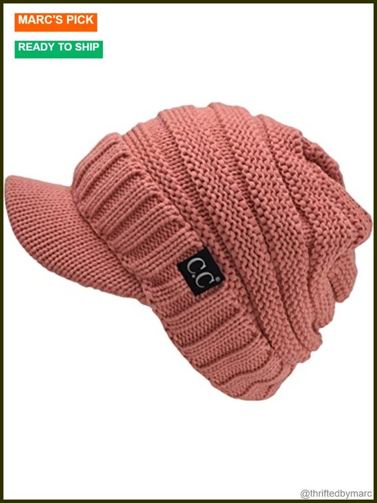 Oversized Chunky Knit Beanie Hat with Visor Brim - Acrylic main image 4
